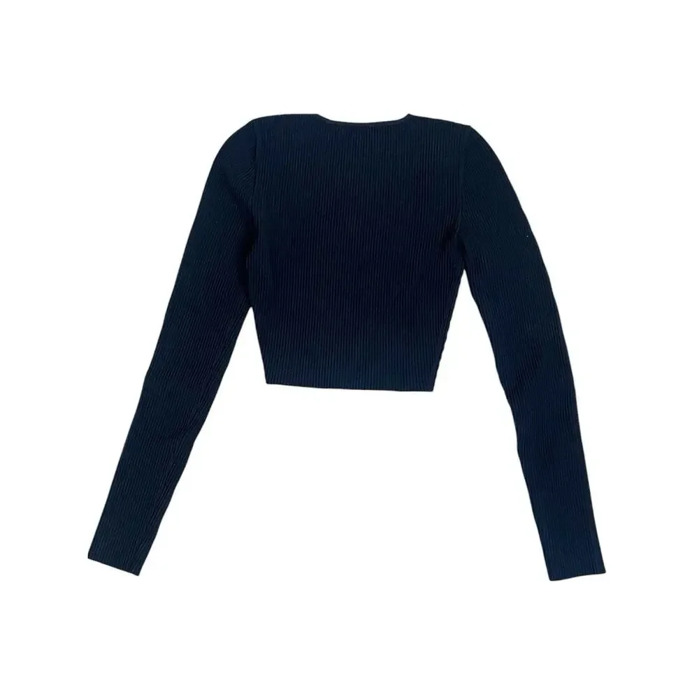 Aritzia Babaton Sculpt Knit Crew Cropped Top Ribbed Long Slv Black Sz XXS